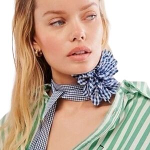 Free People Melody Gingham Rosette Choker Bow Necklace Blue White Cottagecore